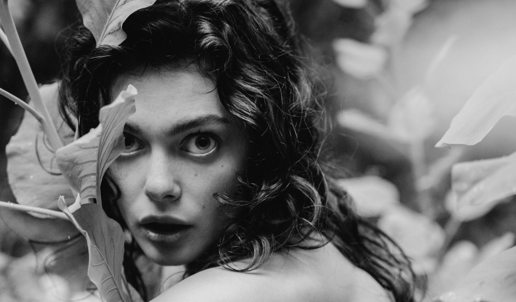 Liza among leaves, black and white